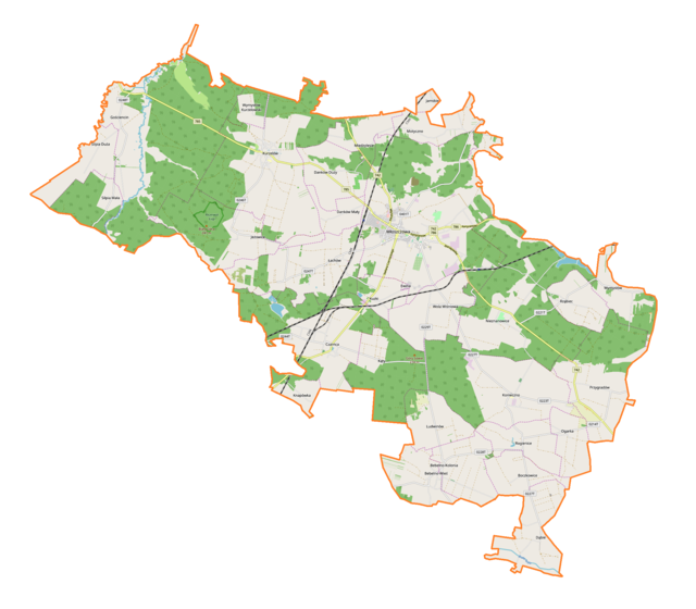 Mapa konturowa gminy Włoszczowa, blisko centrum u góry znajduje się punkt z opisem „Włoszczowa”