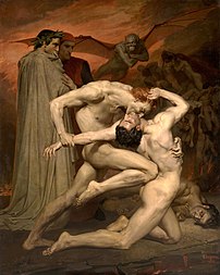 William Bouguereau, Dante et Virgile, 1850. Ce tableau est inspiré de la Divine Comédie de Dante Alighieri, et plus précisément d'une scène se déroulant au chant XXX de l'Enfer, quand Capocchio est mordu au cou par Gianni Schicchi. (définition réelle 2 803 × 3 515)