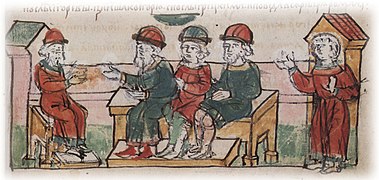 Igor sprejema ruskega in grškega odposlanika, ki kneza obveščata o mirovnih pogojih cesarja Romana; miniatura iz Radzivilske kronike, konec 15. stoletja