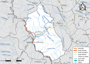 Carte en couleur présentant le réseau hydrographique de la commune