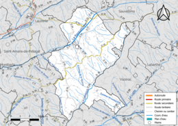 Carte en couleur présentant le réseau hydrographique de la commune