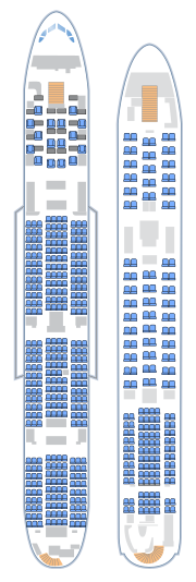 Layout of A380-800, 519 seat configuration (331 lower, 188 upper) Airbus A380 seatmap.svg