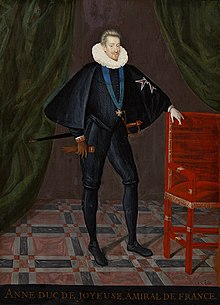 Old portrait of a standing man wearing the insignia of an honor and a large ruff collar, a sword and gloves, a short cloak