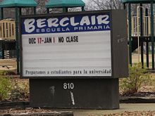 Public elementary school sign in Spanish in Memphis, Tennessee (although in Spanish, DEC and JAN would be DIC and ENE respectively). Berclair Elementary School sign in Spanish Memphis TN 2013-01-01 015.jpg