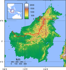A topographical map of Borneo, showing altitude with colours; green lowlands around the island's edges with a spine of mountains down the middle showing in various shades of brown, rust and white; country borders marked in red