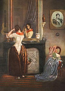 Cayetano Descalzi. Boudoir federal, 1845. Sobre la silla está apoyada la capota junto con el chal y el vestido.[20]​