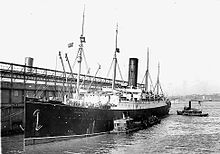 The RMS Carpathia at Pier 54 after the RMS Titanic rescue Carpathia-54.jpg