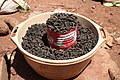 Gedroogde rupsen van Cirina butyrospermi op de markt van Orodara, Burkina Faso