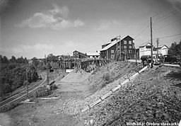 Dalkarlsbergs gruva år 1939. En gren av Dalkarlsbergs Järnväg till vänster. Anrikningsverket med Centralschaktet i mitten. Den vita byggnaden till höger är en transformatorstation som fortfarande finns kvar.