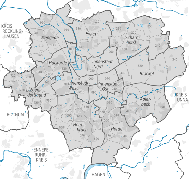 Mapa konturowa Dortmundu, po prawej znajduje się punkt z opisem „DTM”