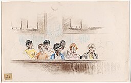 Drawing of jurors consisting of four African American men and women, two white men or women, and one elderly white man. 21