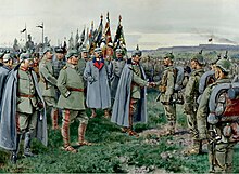 The Emperor presents the Iron Cross to the Heroes of Novogeorgievsk (painting by Ernst Zimmer). Ernst Zimmer - Der Kaiser verleiht den Helden von Nowo-Georgiewsk das Eiserne Kreuz, 1915.jpg