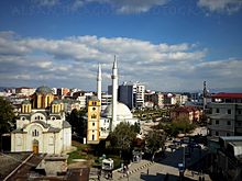 Orthodox church (left) and mosque (right) in Ferizaj. Ferizaj.jpg