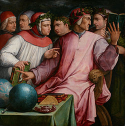 Medieval and Renaissance Italian writers portrayed by Giorgio Vasari in Six Tuscan Poets (1544). From left to right: Cristoforo Landino, Marsilio Ficino, Francesco Petrarca, Giovanni Boccaccio, Dante Alighieri, and Guido Cavalcanti. Giorgio Vasari - Six Tuscan Poets - Google Art Project.jpg