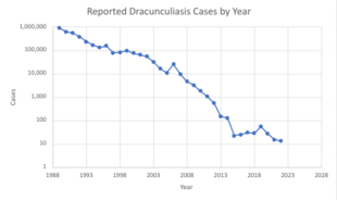 A graph shows the precipitous drop in guinea worm cases over time.