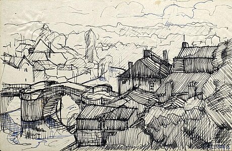 Le vieux Pont, Henri Plisson (1908 - 2002), étude au crayon, 13x20 cm (hors cadre), 1937, n° inv. 2007.5.1.8. Collection musée d'Art et d'Histoire de Montmorillon (mahm)