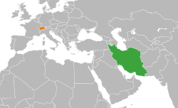 Map indicating locations of Iran and Switzerland