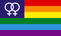 Lesbian pride flag with double-Venus symbol (in biology and botany, the Venus symbol represents the female sex ) Lesbian Pride double-Venus canton rainbow flag.svg