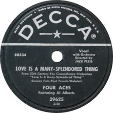 Love Is a Many-Splendored Thing от Four Aces с участием Эла Альберта (США) 10-дюймовый винил 78-RPM.png