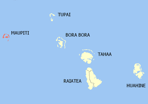 Location of the commune (in red) within the Leeward Islands. The atolls of Maupihaa (Mopelia), Manuae (Scilly), and Motu One (Bellinghausen) lie outside of the map.