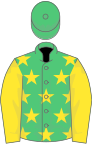 Emerald green, yellow stars, yellow sleeves, emerald green cap