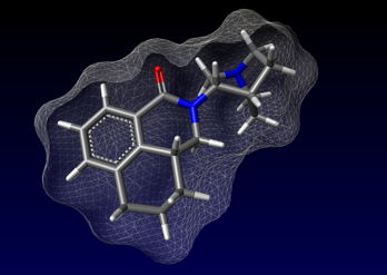 Projection 3D d'une molécule de palonosetron. Il s'agit d'un antagoniste de la sérotonine utilisé en médecine pour contrôler les nausées et les vomissements induits par la chimiothérapie ou la radiothérapie. (définition réelle 1 276 × 904)