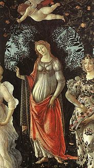 Manylyn o La Primavera gan Sandro Botticelli: Ciwpid â mwgwd dros ei lygaid (uwchben ffigwr Gwener)