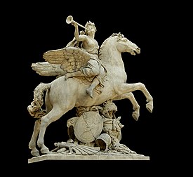 La renommée chevauchant Pégase, sculpture d'Antoine Coysevox commandée en 1699 par Louis XIV pour la décoration du parc de Marly. Transférée à l'entrée du jardin des Tuileries en 1719, elle est remise au musée du Louvre en 1986. (définition réelle 3 873 × 3 550)