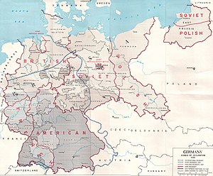 Territorial changes and occupational zones of Nazi Germany after its defeat. The map includes the front-line along the Elbe from which U.S. troops withdrew in July 1945. US Army Germany occupation zones 1945.jpg