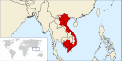 Вьетнам в его наибольшей территориальной протяженности в 1840 году (при императоре Минь Монге), наложенный на современную политическую карту