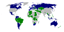 Carte de répartition géographique du mouvement Wikimédia. En bleu les chapitres, en vert les groupes utilisateurs à thématiques régionales