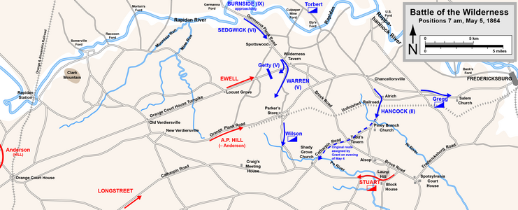 Preludio a la batalla (5 de mayo de 1864; 7 en punto)      Confederación     Unión