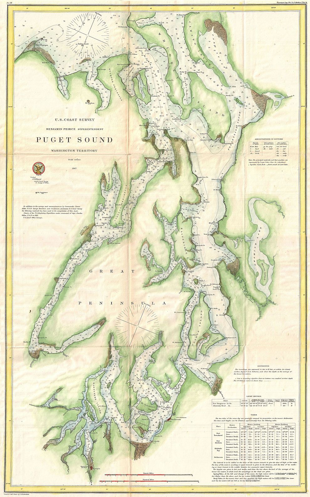 На этой карте Обзора побережья США 1867 года показан полуостров Китсап, где расположен Хансвилл.