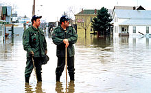 Members of the Indiana Air National Guard participating in an emergency operation after recent flooding in Fort Wayne, Indiana, 1 March 1982 1982 floods Indiana ANG.jpg