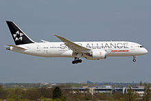 Air India joined the Star Alliance in 2014. Pictured is Air India Boeing 787 Dreamliner (VT-ANU) in special Star Alliance livery. Air India Boeing 787-8 on final into LHR.jpg