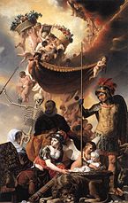 Van Everdingens Allegorie van de geboorte van Frederick Hendrick, in of na 1649, met linksboven twee van dezelfde soort mandjes.