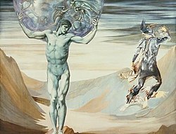 Atlas wird zu Stein. Rechts entflieht Perseus auf seinen Flügelschuhen. (Gemälde von Edward Coley Burne-Jones, 1882, Southampton City Art Gallery)