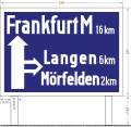 Autobahnausfahrt-Vorwegweiser an einem Teilstück der geplanten Strecke Frankfurt am Main – Karlsruhe – Basel. Diese Zeichen waren 2,50 Meter breit und 1,80 Meter hoch.[42] (1938)