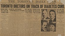 Front page of the Star in 1922, covering Frederick Banting's accomplishments with insulin. Banting-front-page Toronto Daily Star 1922.jpg
