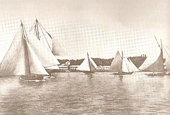 A 19th-century race in Bermuda. Visible are three Bermuda rigged and two gaff rigged sloops.