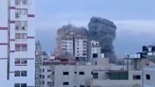 2023 Israel-Hamas war Buildings in Gaza Strip being levelled by Israeli missiles (cropped).png