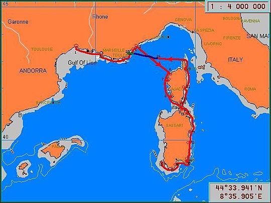 Carte de navigation de la goélette Cardabela pour sa deuxième navigation d'essai du prototype