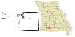 欧扎克在克里斯蒂安县及密苏里州的位置（以红色标示）