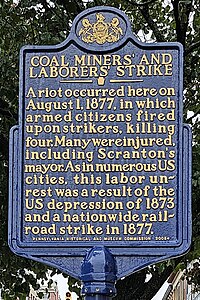 Pennsylvania state historical marker for the events in Scranton Coal Miners' and Laborers' Strike, Pennsylvania state historical marker.jpg