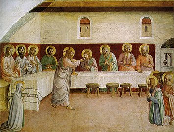 «Apostlenes kommunion» av Fra Angelico, med stifterportrett (1440–41)