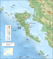 La isla de Corfú con un área de 593 km² es la mayor -y de las mayores, la más septentrional- de las Islas Jónicas también conocidas como Heptonesos o Heptanísia (Siete Islas), encontrándose en el mar jónico, muy próxima al Epiro en la costa continental, de cuya parte albanesa le separan sólo los 2 km del Vório Stenó Kérkyras (Estrecho Norte de Kérkyra). Por Sting.