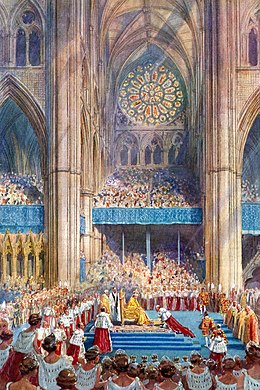 George VI receiving the homage after being crowned in 1937; watercolour by Henry Charles Brewer Coronation of George VI 1937.jpg