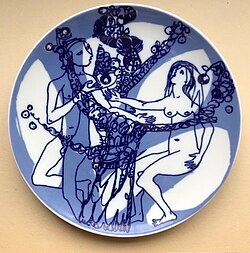 Tallerken med to blå figurer, Adam og Eva