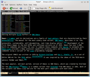 Vykreslení článku Emacs na anglické Wikipedii eww