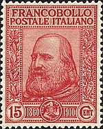 A 1910 stamp commemorating the 50th anniversary of the Expedition of the Thousand Garibaldi1910.jpg